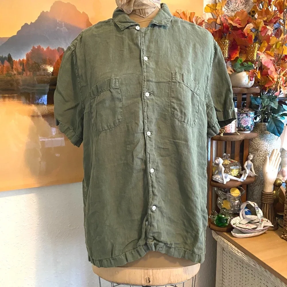 J. Crew 100% Linen Shirt Gorpcore Coastal Casual Mens Large Olive Green pockets